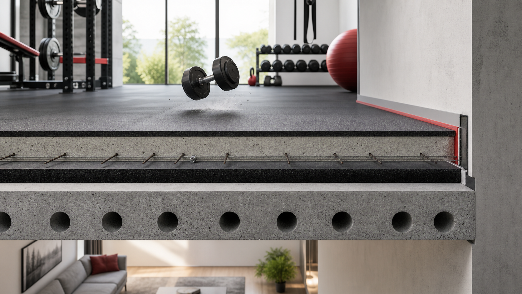 Gym floating floor cutaway showing resilient layers