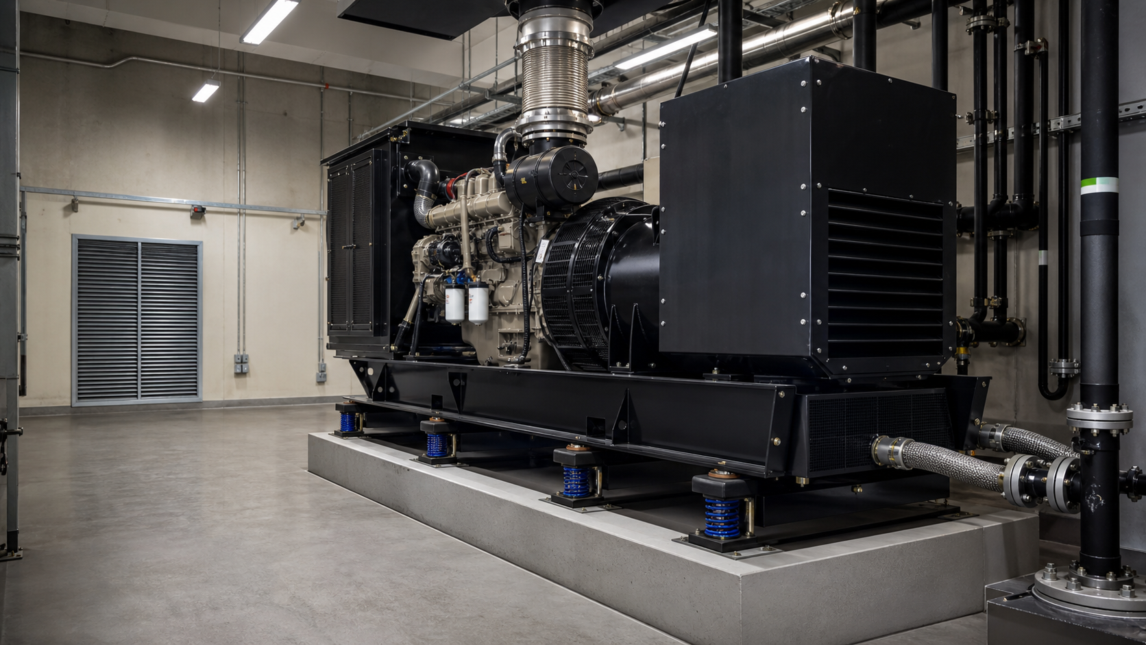 Generator installed on spring isolators and an inertia base
