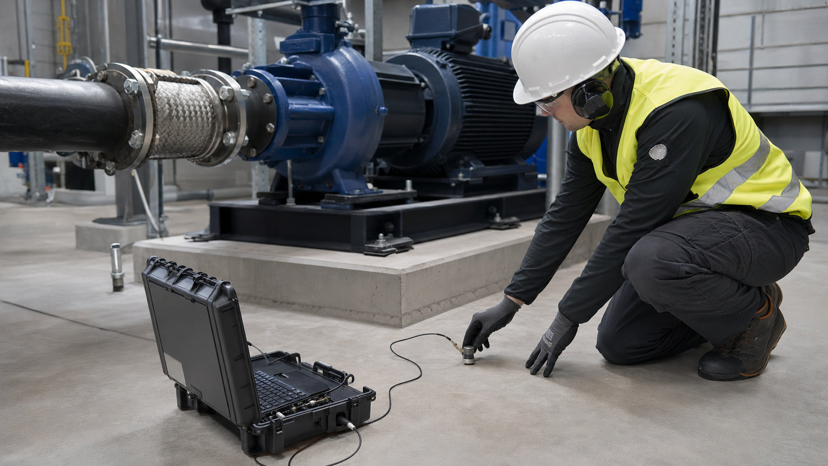 Engineer measuring vibration beside an industrial pump